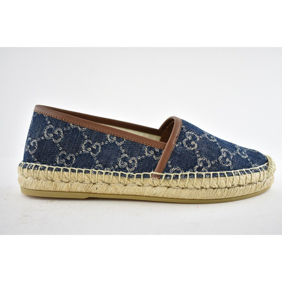 Gucci Jacquard Denim Blue Tea Brown Leather Ivory GG Logo Flat Espadrilles 36 - Picture 9 of 11